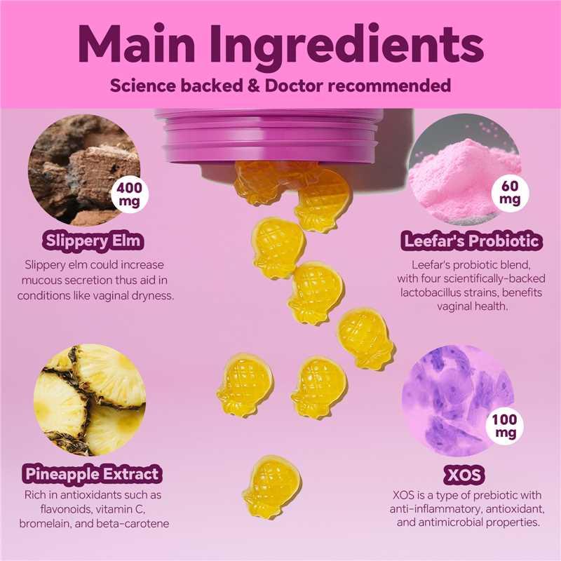 Juicy Feminine Probiotics Gummies- All in One Solution with Slippery Elm and Prebiotics