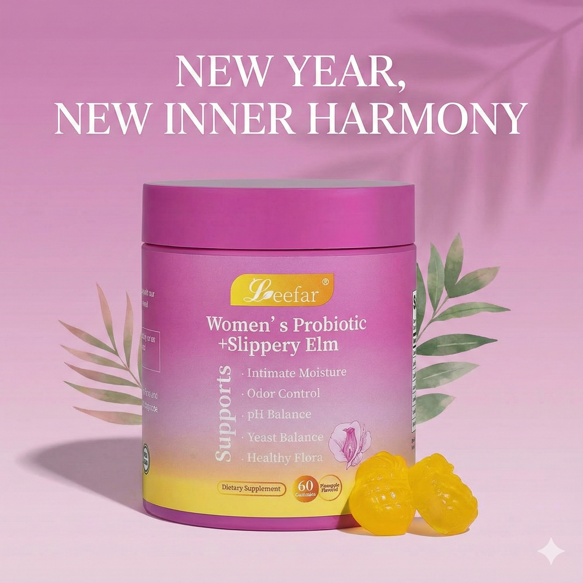 Juicy Feminine Probiotics Gummies- All in One Solution with Slippery Elm and Prebiotics