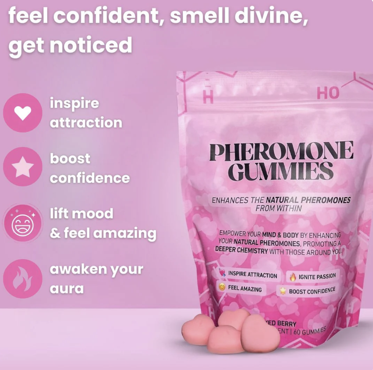 Pheromone Gummies - Enhances Your Natural Pheromones from Within - Become Irresistible, Inspire Attraction & Boost Confidence - Mixed Berry Flavor, 60 Count - 30 Day Supply