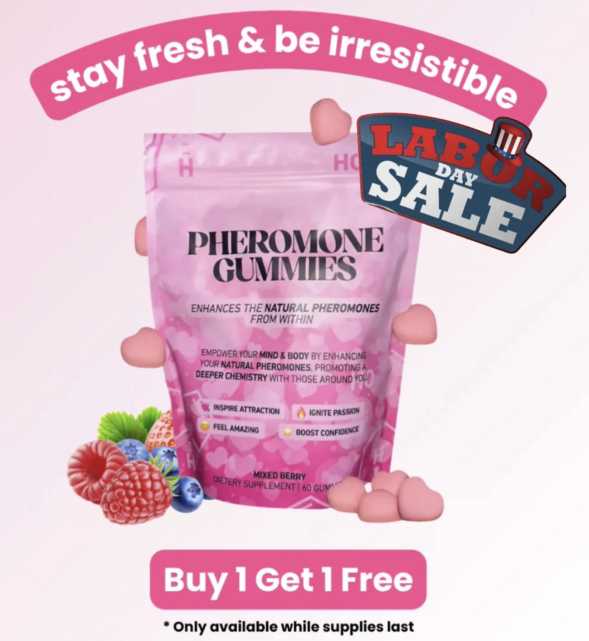 Pheromone Gummies - Enhances Your Natural Pheromones from Within - Become Irresistible, Inspire Attraction & Boost Confidence - Mixed Berry Flavor, 60 Count - 30 Day Supply